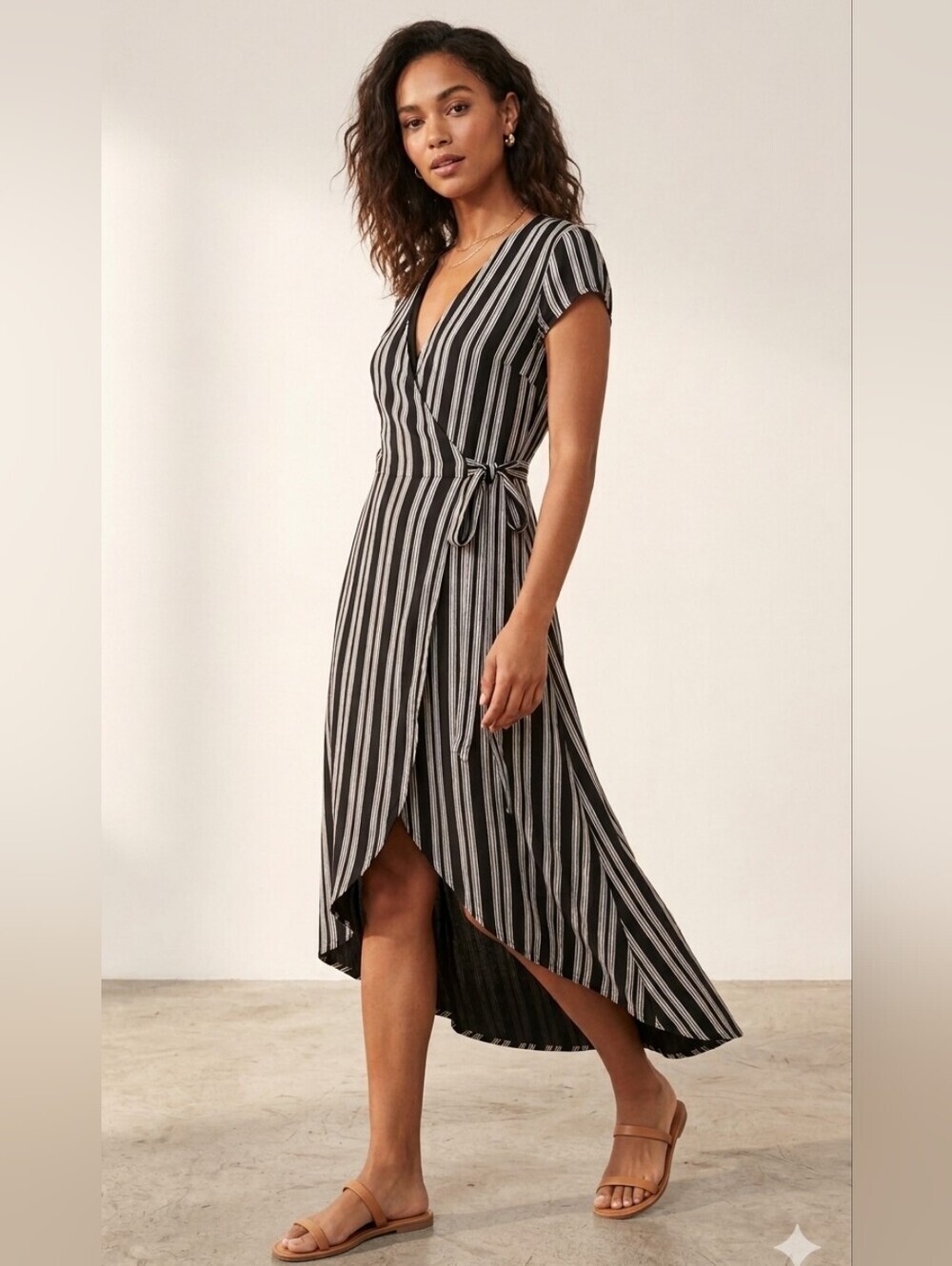 Wilfred Free Aritzia Black Striped High-Low Wrap Dress, Size XS